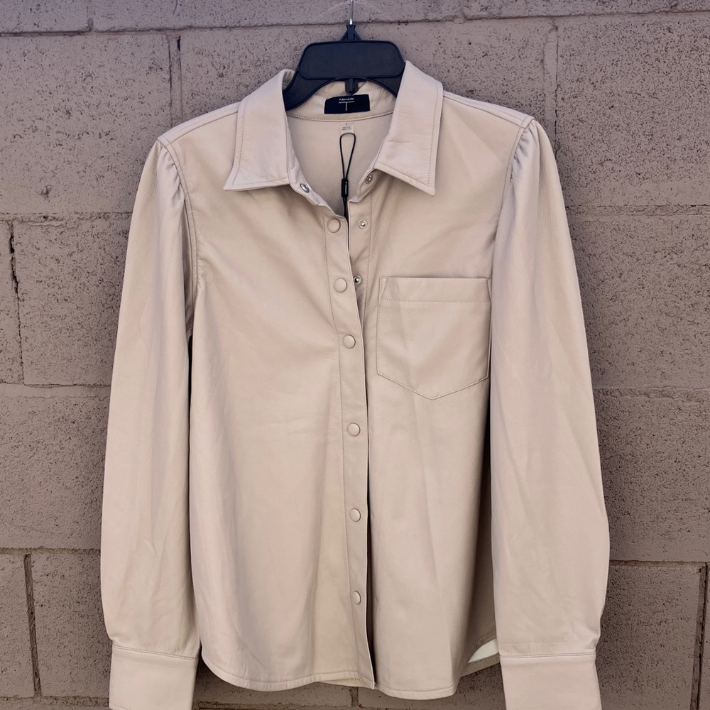 Tahari Women's taupe Buttony Down Shirt/Jacket.  Faux Leather. Never worn